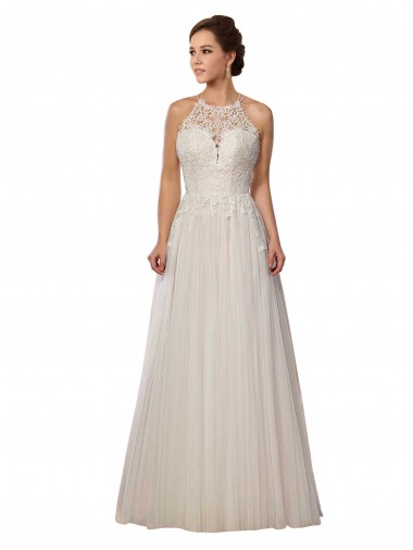Sleeveless Illusion Neck Tulle Ivory Sweep Train Wedding Dress London