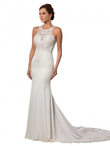 Sleeveless High Neck Lace Ivory Sheath Chapel Train Modern Wedding Dress London