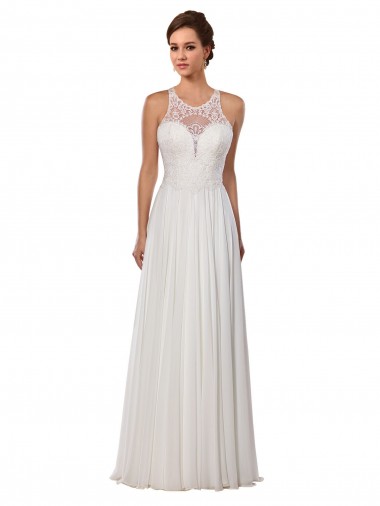 Sleeveless Illusion Neck Soft Chiffon Ivory Chapel Train Wedding Dress London