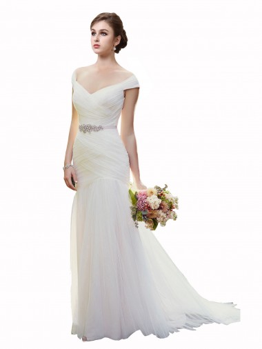 Sleeveless Off the Shoulder Tulle Ivory Chapel Train Beach Wedding Dress London