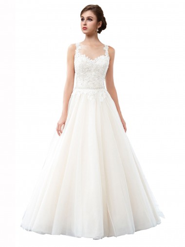 Sleeveless Illusion Neck Tulle & Lace Ivory Cathedral Train Beach Wedding Dress London