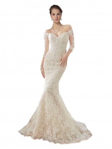 Long Sleeves Off the Shoulder Tulle & Lace Ivory & Champagne Chapel Train Wedding Dress London