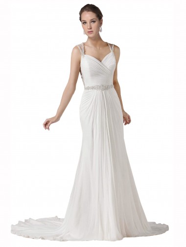 Sleeveless Sweetheart Soft Chiffon White Chapel Train Beach Wedding Dress London