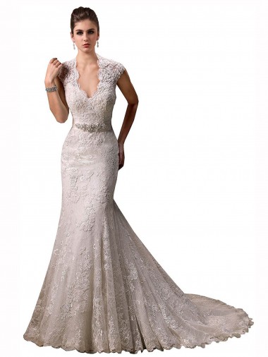 Cap Sleeves V-Neck Lace Ivory Chapel Train Wedding Dresses London
