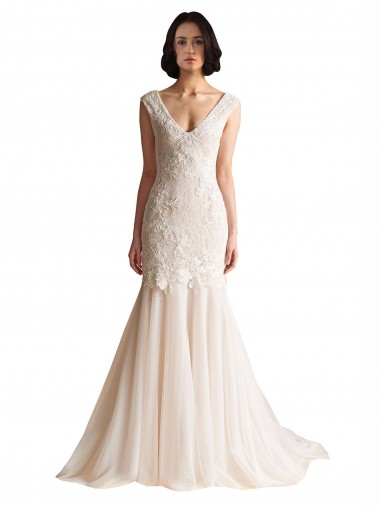 Sleeveless V-Neck Tulle Ivory & Champagne Sweep Train Wedding Dress London