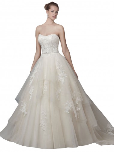 Sleeveless Strapless Tulle & Lace Ivory Chapel Train Wedding Dress London