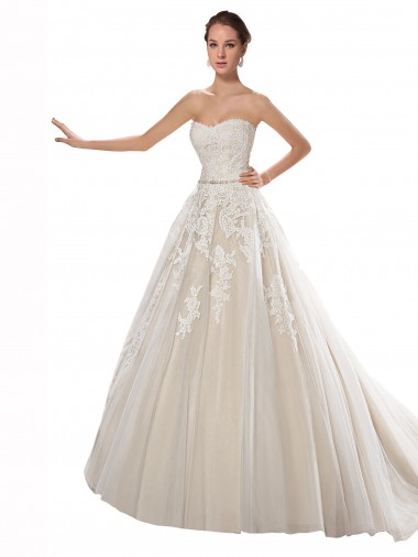 Sleeveless Strapless Tulle & Lace Ivory & Champagne Chapel Train Wedding Dress London