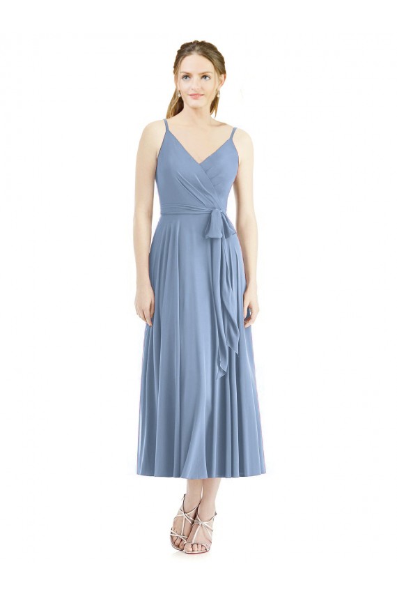 Sleeveless Spaghetti Straps Soft Chiffon Dusty Blue Tea Length Bridesmaid Dress London