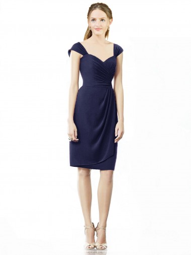 Cap Sleeves Sweetheart Soft Chiffon Dark Navy Knee Length Bridesmaid Dress London