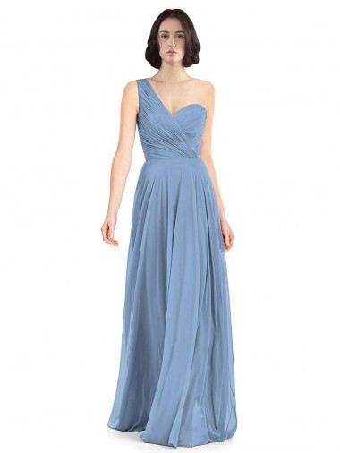 Sleeveless One Shoulder Soft Chiffon Dusty Blue Long Formal Dress / Bridesmaid Dress London