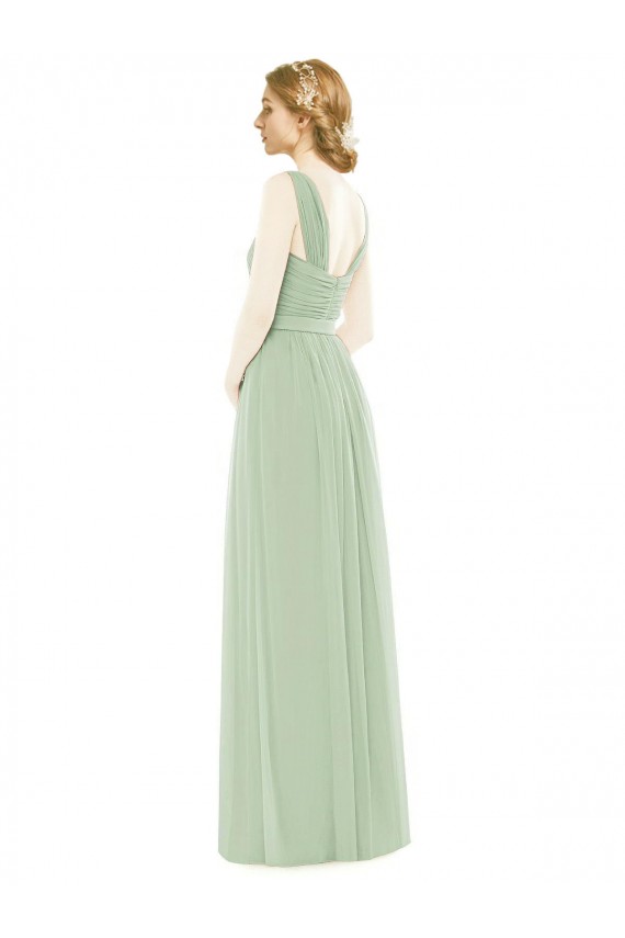 Sleeveless Spaghetti Straps Soft Chiffon Sage Long Bridal Party Dress London