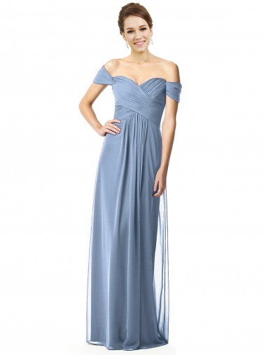 Cap Sleeves Off the Shoulder Soft Chiffon Dusty Blue Long Bridesmaid Dress London