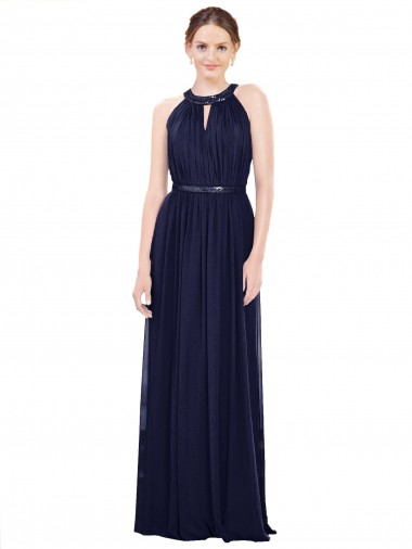 Sleeveless High Neck Soft Chiffon Dark Navy Long Bridesmaid Dress / Formal Dress London