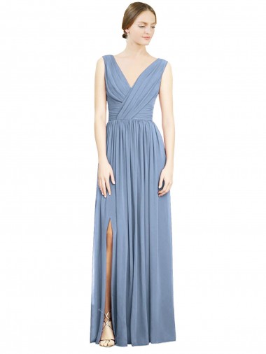 Sleeveless V-Neck Soft Chiffon Dusty Blue Long Semi Formal Evening Dress / Bridesmaid Dress London