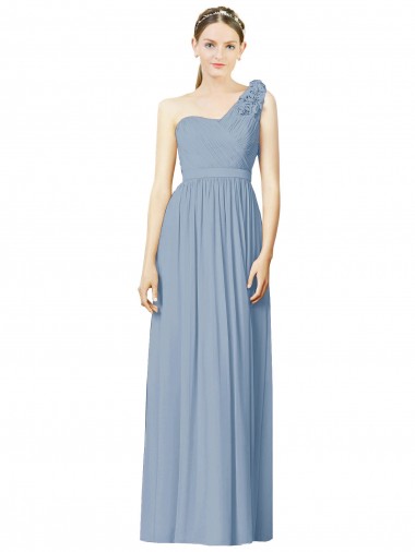 Sleeveless One Shoulder Soft Chiffon Dusty Blue Long Bridesmaid Dress London