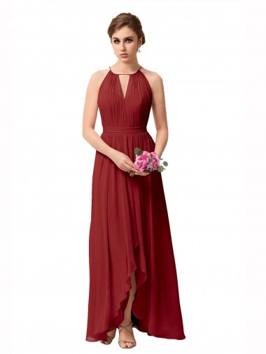 Sleeveless High Neck Soft Chiffon Burgundy High Low Bridesmaid Dress London