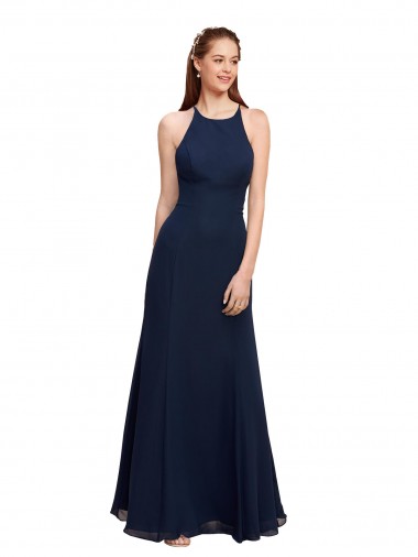 Sleeveless High Neck Soft Chiffon Dark Navy Long Prom Dress / Bridesmaid Dress London