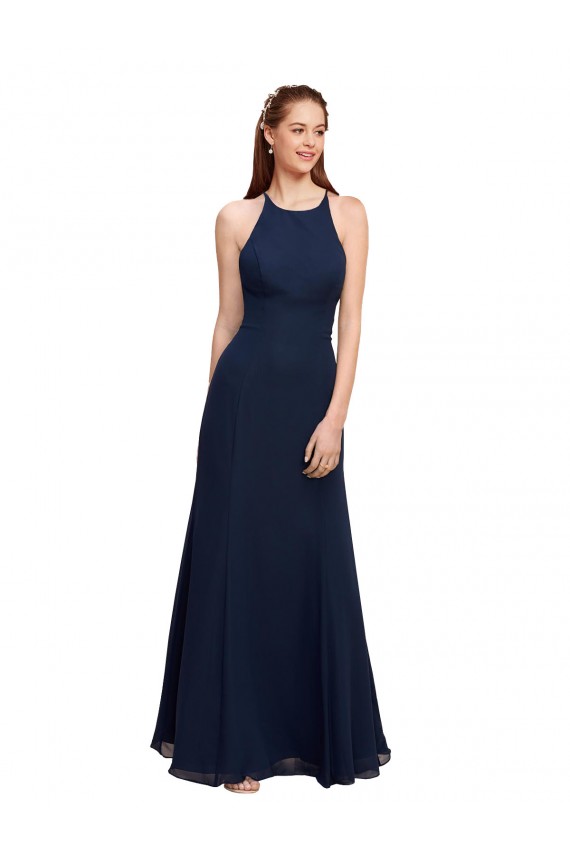 Sleeveless High Neck Soft Chiffon Dark Navy Long Prom Dress / Bridesmaid Dress London