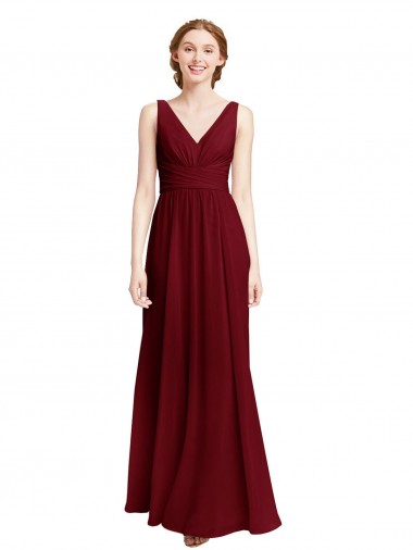 Sleeveless V-Neck Chiffon Burgundy Long Bridesmaid Dress / Evening Gowns London