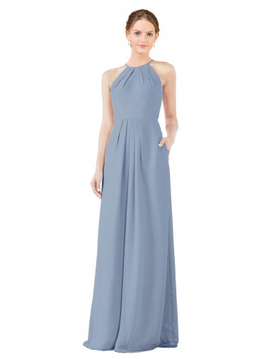 Sleeveless High Neck Soft Chiffon Dusty Blue Long Bridesmaid Dress London
