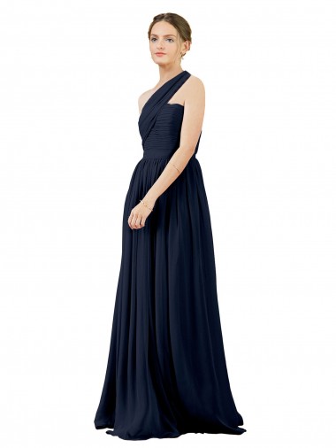 Sleeveless One Shoulder Chiffon Dark Navy Long Bridal Party Dress / Evening Dress London