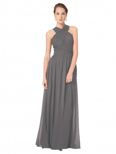 Sleeveless Halter Neck Soft Chiffon Stormy Silver Long Bridesmaid Dress London