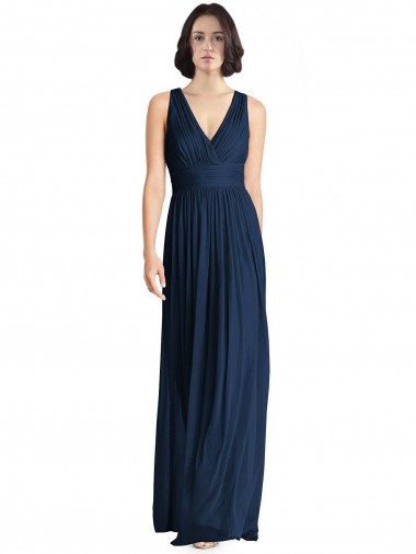 Sleeveless V-Neck Chiffon Dark Navy Long Floor Length Bridesmaid Dress London