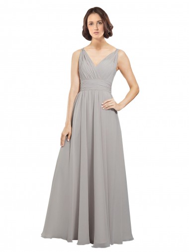 Sleeveless V-Neck Soft Chiffon Oyster Silver Long Bridesmaid Dress London