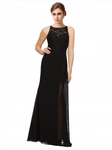 Sleeveless High Neck Soft Chiffon & Lace Black Long Bridesmaid Dress London