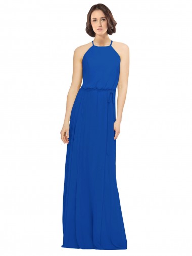 Sleeveless Jewel Neck Soft Chiffon Royal Blue Long Bridal Party Dress London