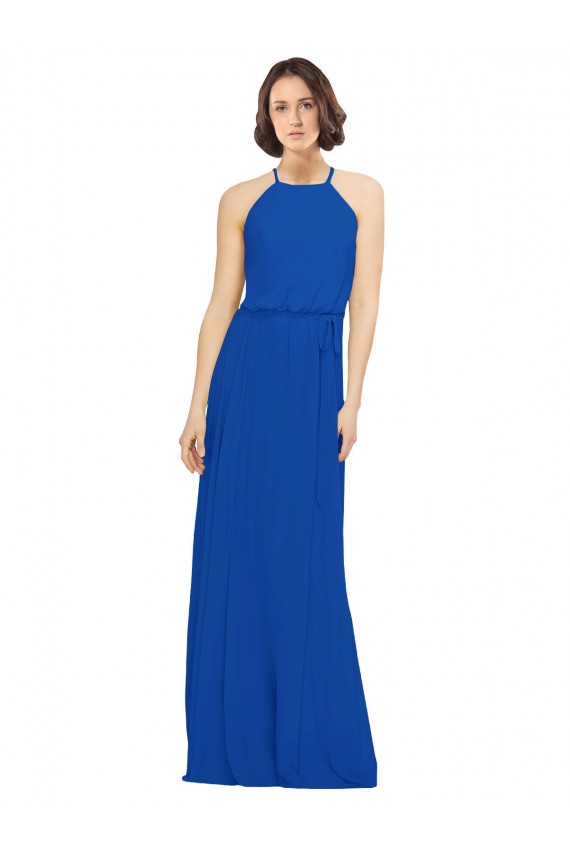 Sleeveless Jewel Neck Soft Chiffon Royal Blue Long Bridal Party Dress London