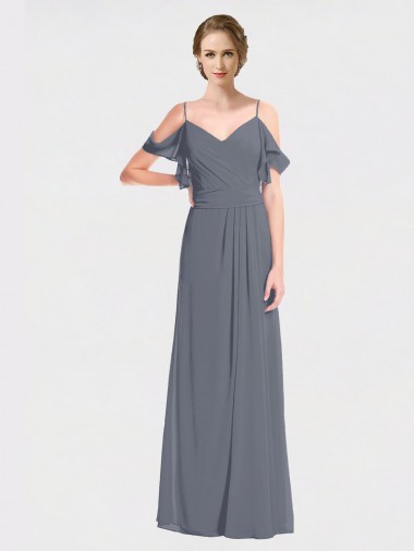 Flutter Sleeves V-Neck Soft Chiffon Slate Grey Long Bridesmaid Dress London