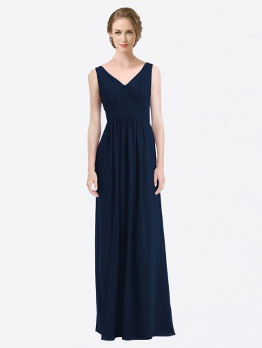 Sleeveless V-Neck Soft Chiffon Dark Navy Long Evening Gowns / Bridesmaid Dress London