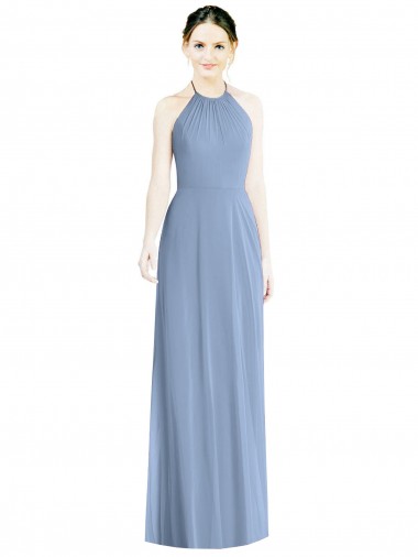 Sleeveless Halter Neck Chiffon Dusty Blue Long Floor Length Bridesmaid Dress London