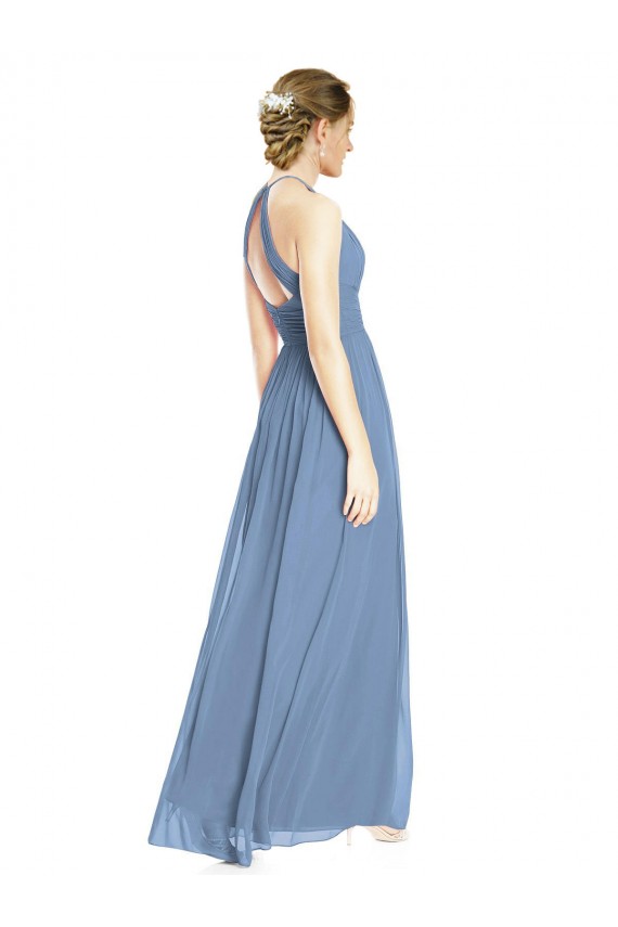 Sleeveless Halter Neck Chiffon Dusty Blue Long Wedding Party Dress London