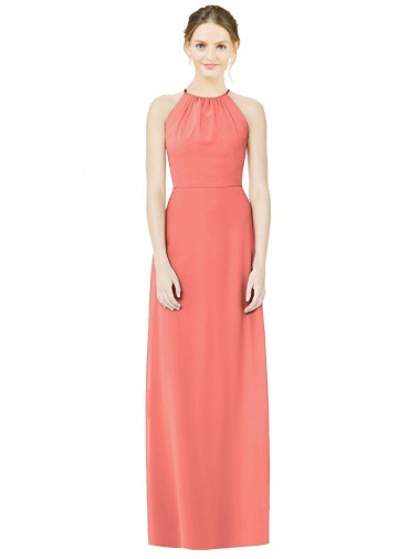 Sleeveless Halter Neck Soft Chiffon Coral Long Bridesmaid Dress London