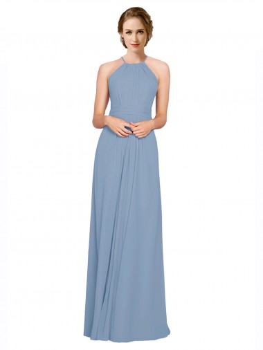 Sleeveless High Neck Chiffon Dusty Blue Long Bridesmaid Dress / Evening Dress London