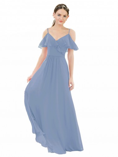Cap Sleeves V-Neck Lxue Chiffon Dusty Blue Long Bridesmaid Dress London