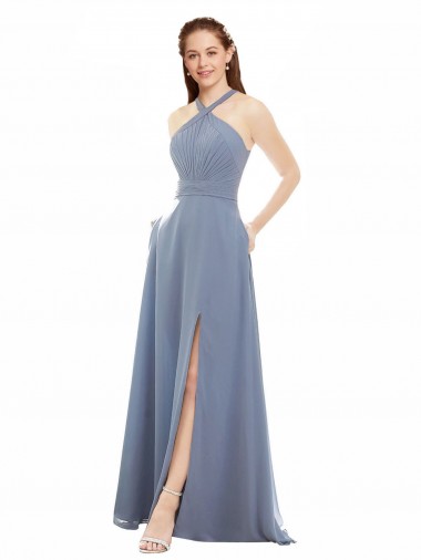 Sleeveless High Neck Soft Chiffon Dusty Blue Long Evening Dress / Bridal Party Dress London