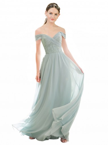 Cap Sleeves Off the Shoulder Soft Chiffon & Lace Sea Glass Long Bridesmaid Dress London