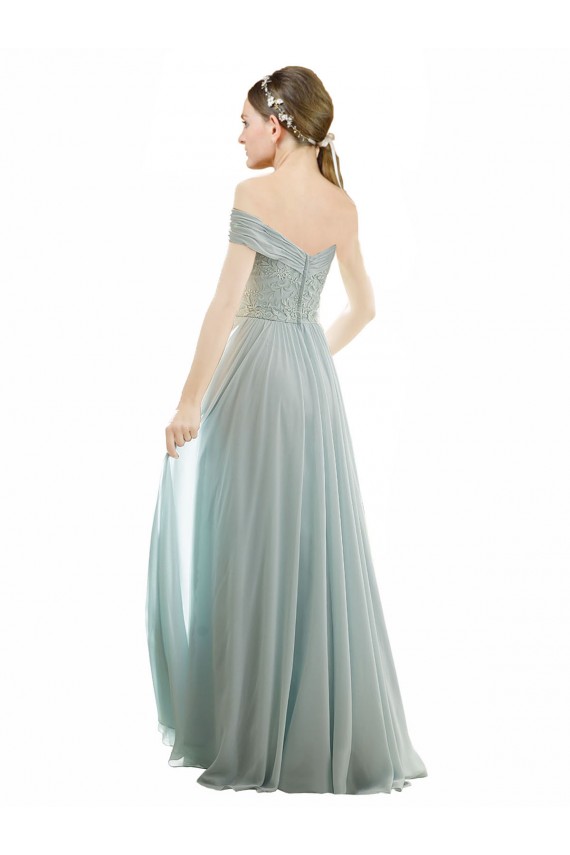 Cap Sleeves Off the Shoulder Soft Chiffon & Lace Sea Glass Long Bridesmaid Dress London