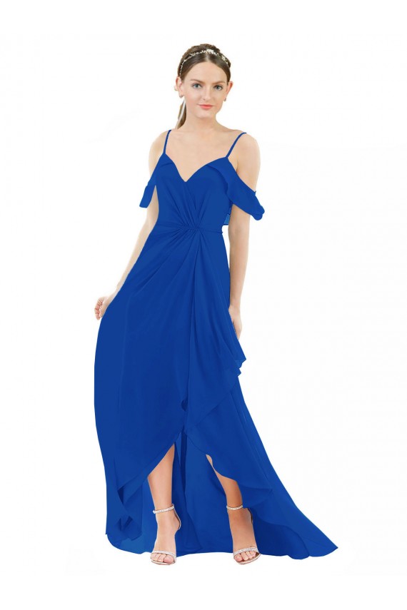 Cold Shoulder V-Neck Soft Chiffon Royal Blue Long High Low Bridesmaid Dress London