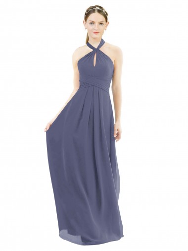 Sleeveless Halter Neck Soft Chiffon Silver Stone Long Bridesmaid Dress London