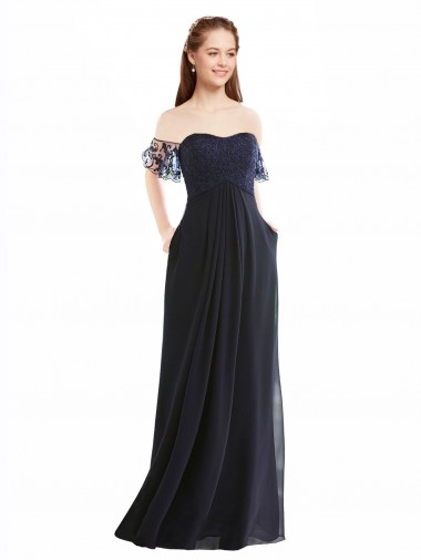 Cap Sleeves V-Neck Soft Chiffon & Lace Dark Navy Long Formal Dress / Bridesmaid Dress London