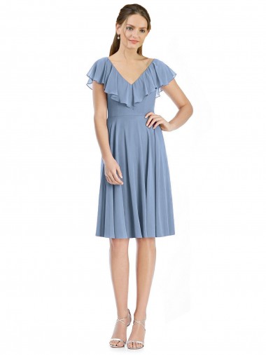 Cap Sleeves V-Neck Soft Chiffon Dusty Blue Cocktail Length Bridesmaid Dress London