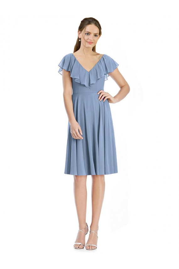Cap Sleeves V-Neck Soft Chiffon Dusty Blue Cocktail Length Bridesmaid Dress London