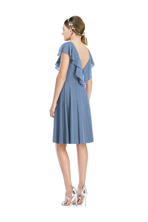 Cap Sleeves V-Neck Soft Chiffon Dusty Blue Cocktail Length Bridesmaid Dress London