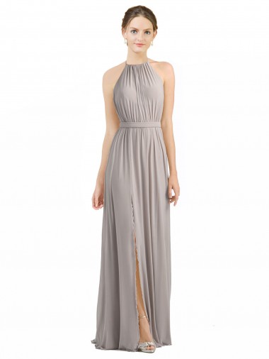 Sleeveless Halter Neck Soft Chiffon Oyster Silver Long Bridesmaid Dress London