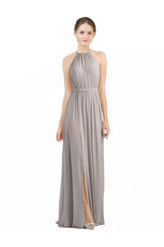 Sleeveless Halter Neck Soft Chiffon Oyster Silver Long Bridesmaid Dress London