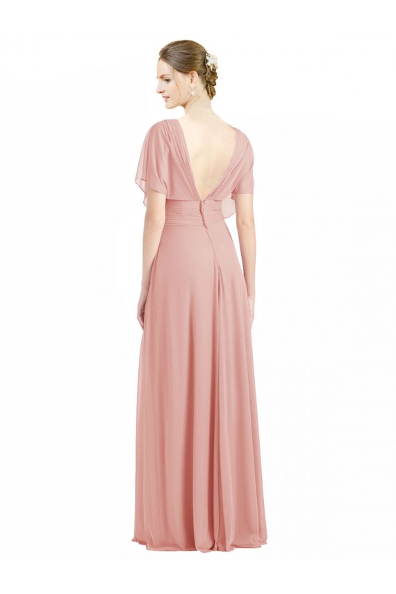 Short Sleeves V-Neck Soft Chiffon Bliss Pink Long Bridesmaid Dress / Formal Dress London